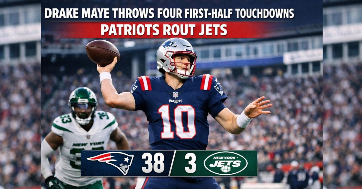 Drake Maye throws a pass during the first half as the New England Patriots face the New York Jets at Gillette Stadium.