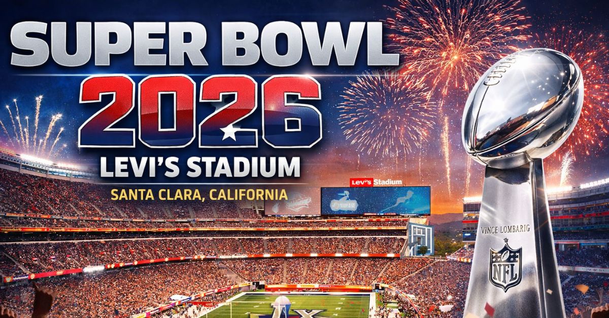 Super Bowl 2026 featured image showing Levi’s Stadium in Santa Clara filled with fans, fireworks in the night sky, and the Vince Lombardi Trophy in the foreground, with bold text reading “Super Bowl 2026.”