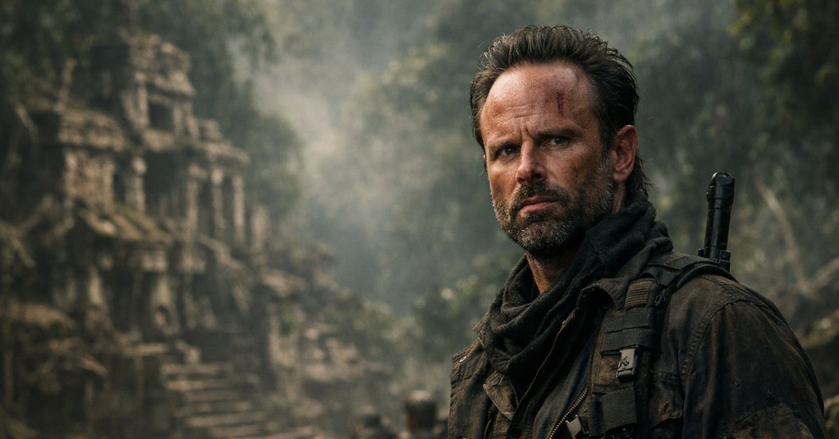 Walton Goggins as antagonist Mathias Vogel in the 2018 Tomb Raider film, standing in a jungle ruin setting featured in Netflix streaming news.