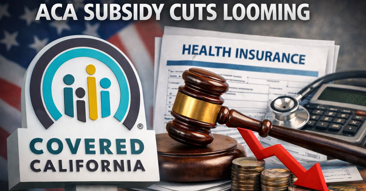 Covered California health insurance logo beside documents, a gavel, and falling coins illustrating higher ACA costs.