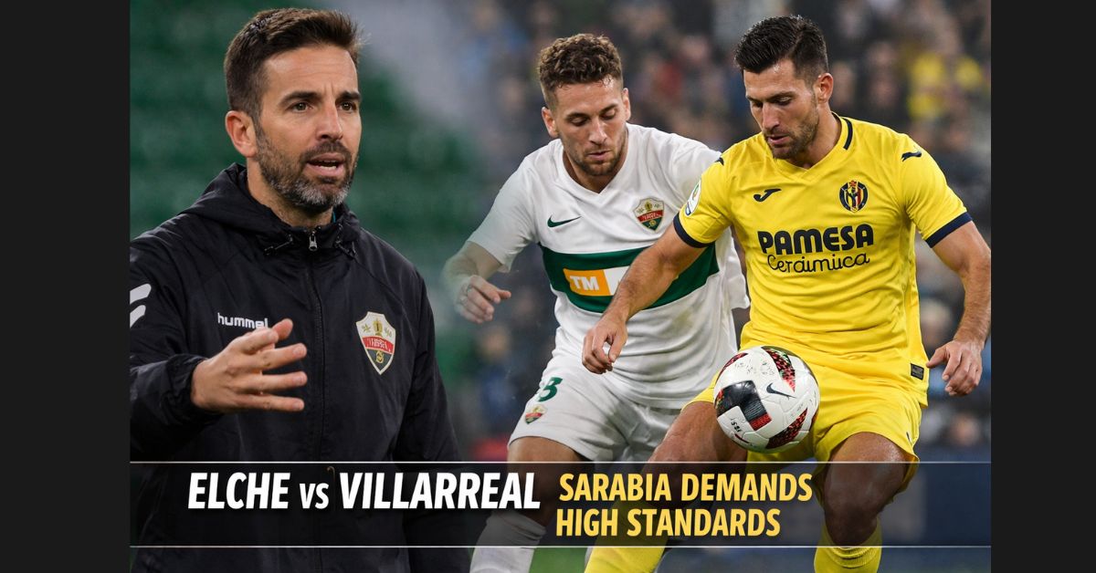 Elche C. F. head coach Eder Sarabia watches as Elche and Villarreal players contest the ball during match buildup in Spain.