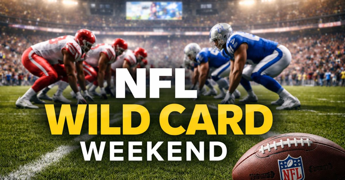 NFL Wild Card Weekend game scene with two football teams lined up at the line of scrimmage under bright stadium lights, a football in the foreground, and bold “NFL WILD CARD WEEKEND” text over the field.
