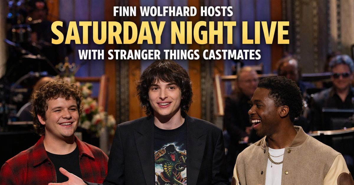 Finn Wolfhard hosts Saturday Night Live alongside Stranger Things co-stars Gaten Matarazzo and Caleb McLaughlin on the SNL stage in New York.