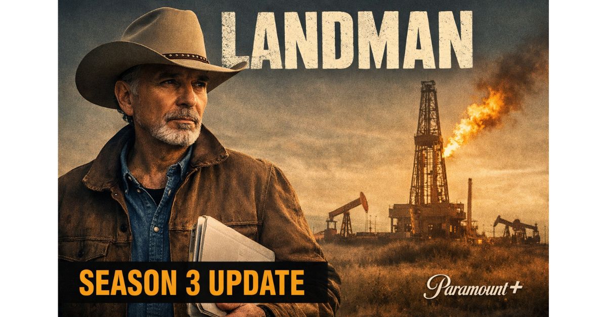 Featured image from Landman showing Billy Bob Thornton’s character standing in a Texas oil field with active drilling rigs during a Season 3 update.