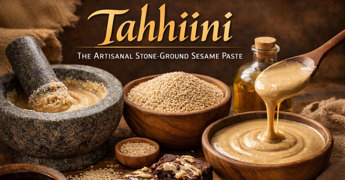 Artisanal stone-ground tahhiini sesame paste in rustic bowls with sesame seeds, oil, mortar and pestle, and tahhiini brownies on a wooden table