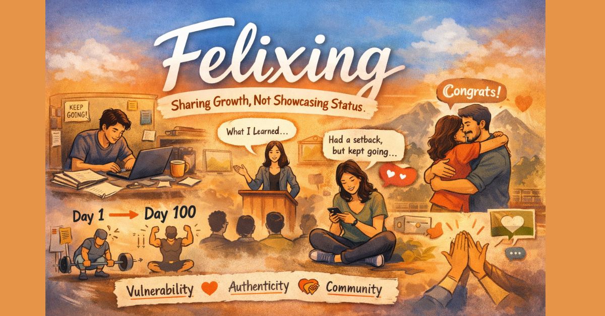 Felixing concept illustration showing authentic personal growth, vulnerability, and community instead of social media flexing