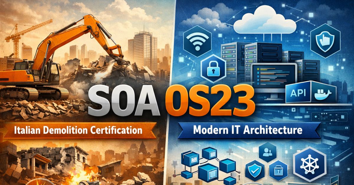 SOA OS23 concept image showing Italian demolition certification with excavator and modern IT architecture with cloud, servers, and API technology.