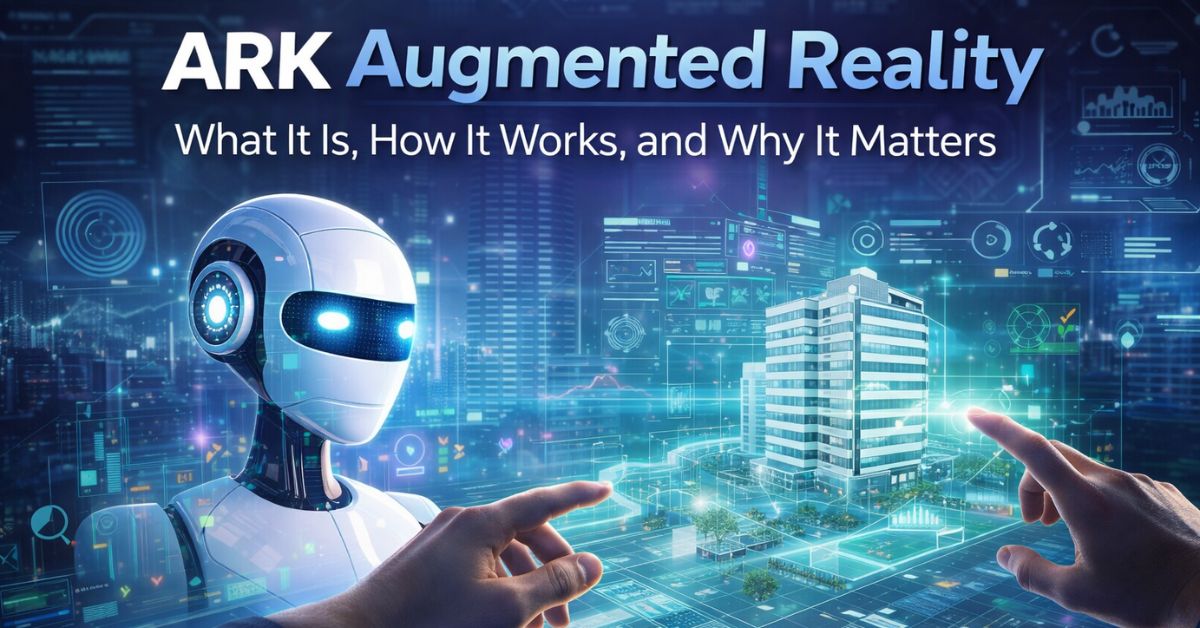 ARK Augmented Reality concept showing a futuristic AI interface with holographic 3D building models and digital overlays in an augmented reality environment.